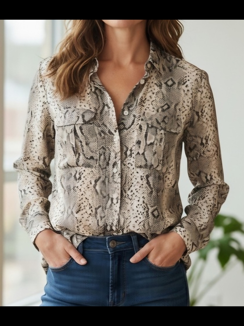 Express Portofino Neutral Snake-Print Shirt in Beige and Black, Medium